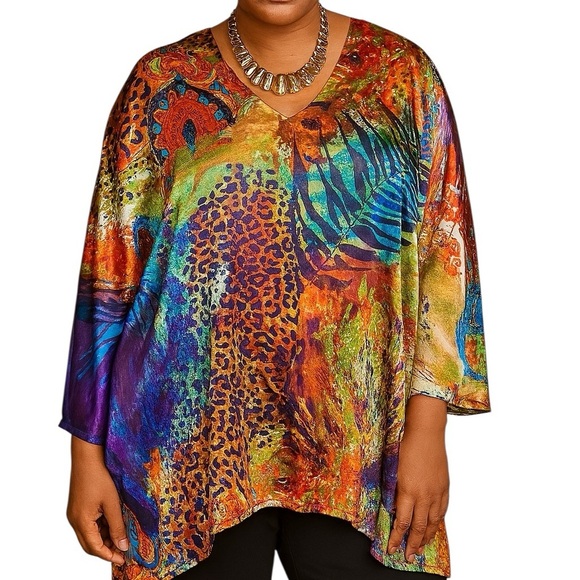 Ashro One Size Kimono Top Shirt Abstract Artsy Silky Colorful African - Picture 1 of 9